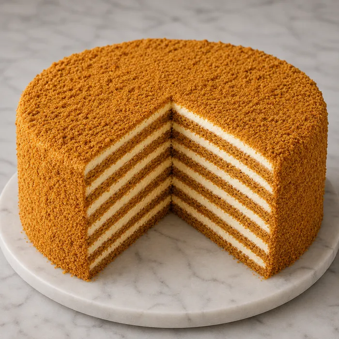 Whole medovik honey cake with a slice cut out to show thin cream layers — cake by SweetBox